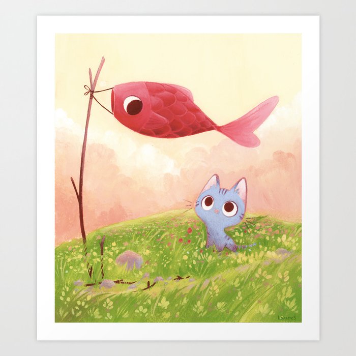 Cat and red fish Art Print
