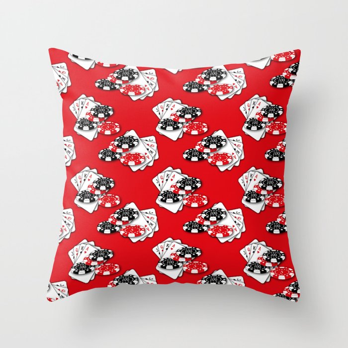 Playing Cards and Casino Chips on Red Throw Pillow