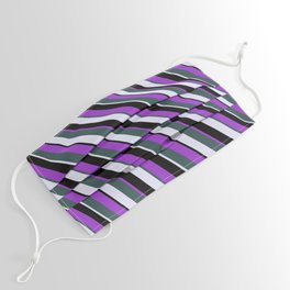 [ Thumbnail: Dark Orchid, Dark Slate Gray, Lavender, and Black Colored Striped/Lined Pattern Face Mask ]
