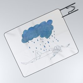 Natula In The Rain · girl laying peacefully beneath a blue storm cloud · illustration Picnic Blanket