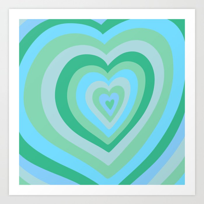 Retro Groovy Love Hearts - neon blue and bright green Art Print