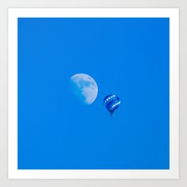 Moon And Hot Air Balloon Floating On Blue Sky Art Print | Beautiful, Space, Universe, Bluesky, Cool, Blue, Sky, Nature, Digital, Photo 