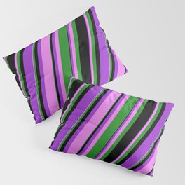 [ Thumbnail: Dark Orchid, Violet, Forest Green, and Black Colored Lines Pattern Pillow Sham ]