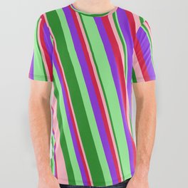 [ Thumbnail: Eye-catching Light Pink, Crimson, Purple, Light Green, and Forest Green Colored Stripes Pattern All Over Graphic Tee ]