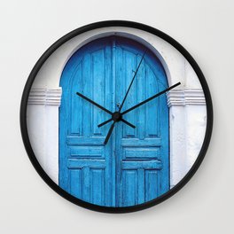 Vibrant Blue Greek Door to Whitewashed Home in Crete, Greece Wall Clock