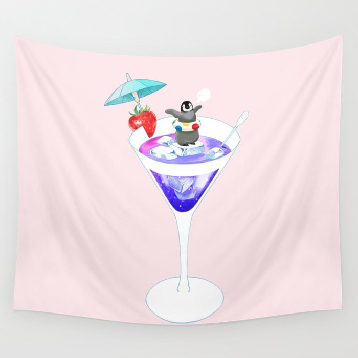 Penguin in Cocktail Pink Wall Tapestry