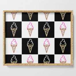 time for ice cream neon sign checkerboard block Serving Tray