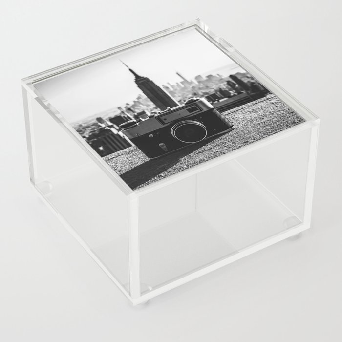 Vintage camera and the Manhattan skyline in New York City black and white Acrylic Box