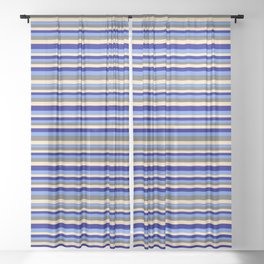 [ Thumbnail: Beige, Dark Blue, Cornflower Blue, and Dim Gray Colored Stripes Pattern Sheer Curtain ]