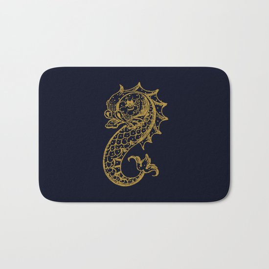 The gold seahorse- Navy blue maritime print with gold ornament Bath Mat
