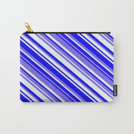 [ Thumbnail: Medium Slate Blue, Mint Cream, and Blue Colored Lines Pattern Carry-All Pouch ]