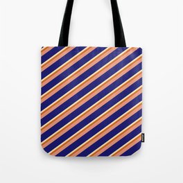[ Thumbnail: Beige, Chocolate, Dark Salmon, and Midnight Blue Colored Pattern of Stripes Tote Bag ]