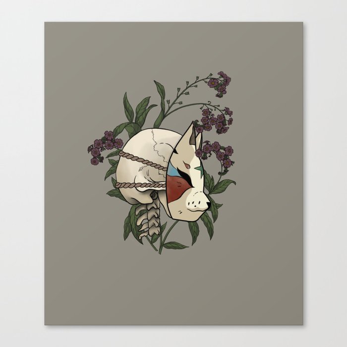 Illustration of a skull with a kitsune mask Canvas Print