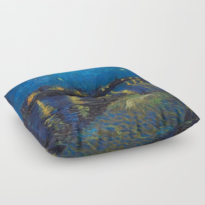 Starry Night Over the Rhone landscape painting by Vincent van Gogh in original blue with yellow stars Floor Pillow