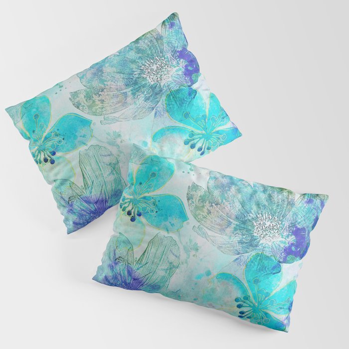 blue turquoise mixed media flower illustration Pillow Sham