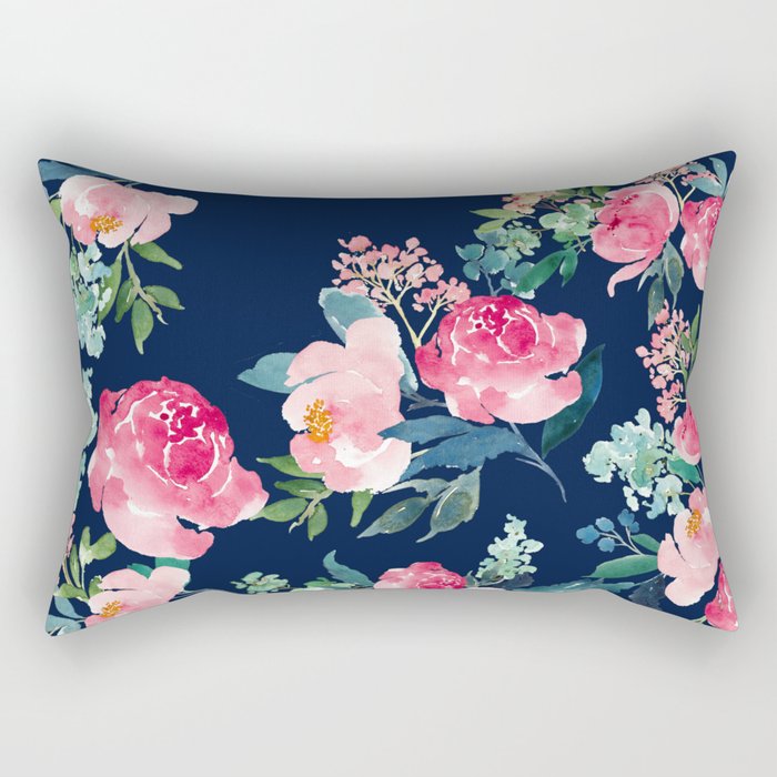 Navy and Pink Watercolor Peony Rectangular Pillow