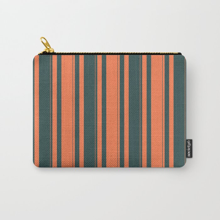 Coral and Dark Slate Gray Colored Striped/Lined Pattern Carry-All Pouch