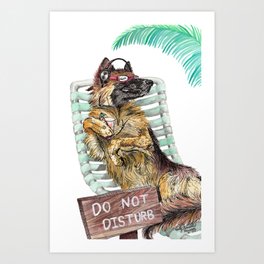 Lounge in the Sun, funny German shepherd dog GSD watercolor painting Art Print
