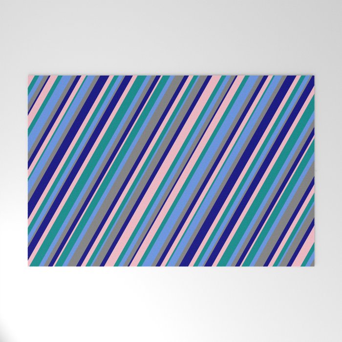 Dark Cyan, Cornflower Blue, Grey, Blue & Pink Colored Stripes/Lines Pattern Welcome Mat