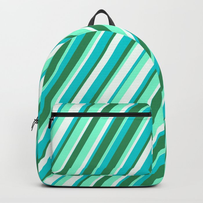 Dark Turquoise, Sea Green, Aquamarine, and Mint Cream Colored Striped/Lined Pattern Backpack