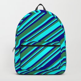 [ Thumbnail: Sea Green, Cyan, and Dark Blue Colored Lines/Stripes Pattern Backpack ]