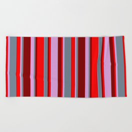 [ Thumbnail: Plum, Slate Gray, Maroon, and Red Colored Lines Pattern Beach Towel ]