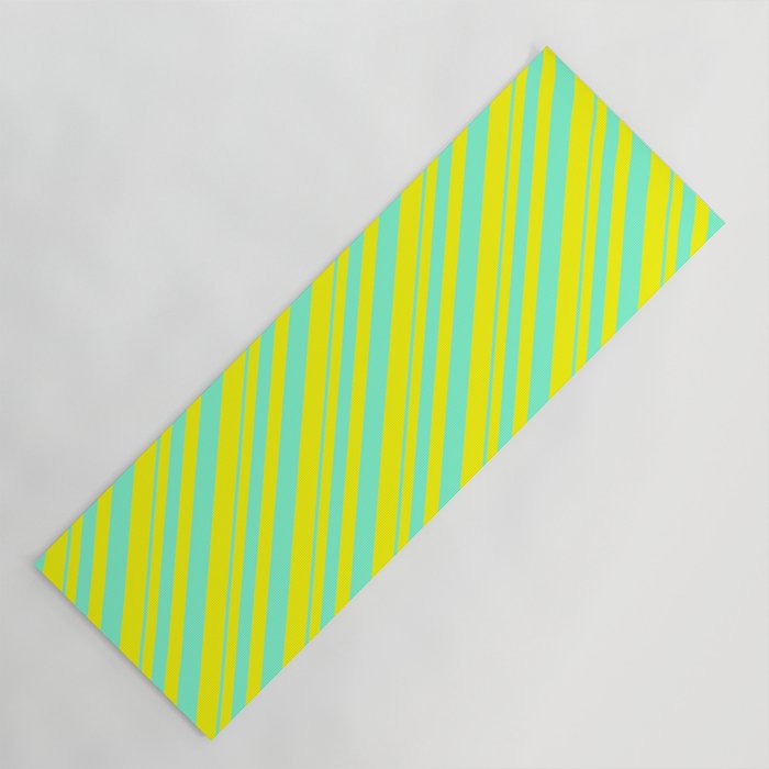 Aquamarine and Yellow Colored Lined/Striped Pattern Yoga Mat