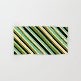 [ Thumbnail: Aquamarine, Tan, Green, and Black Colored Striped Pattern Hand & Bath Towel ]