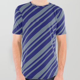 [ Thumbnail: Midnight Blue & Slate Gray Colored Striped Pattern All Over Graphic Tee ]