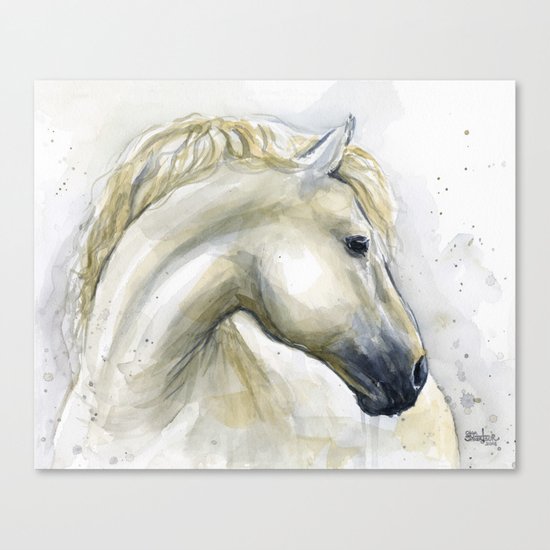 White Horse Watercolor Painting Animal Horses Canvas Print