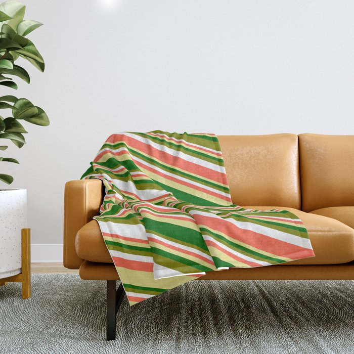 Eyecatching Green, White, Red, Tan & Dark Green Colored Striped/Lined Pattern Throw Blanket