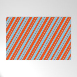 [ Thumbnail: Sky Blue and Red Colored Lined Pattern Welcome Mat ]