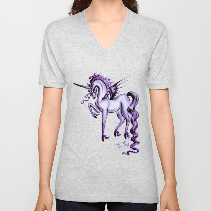 Unicorn with Bat Wings V Neck T Shirt
