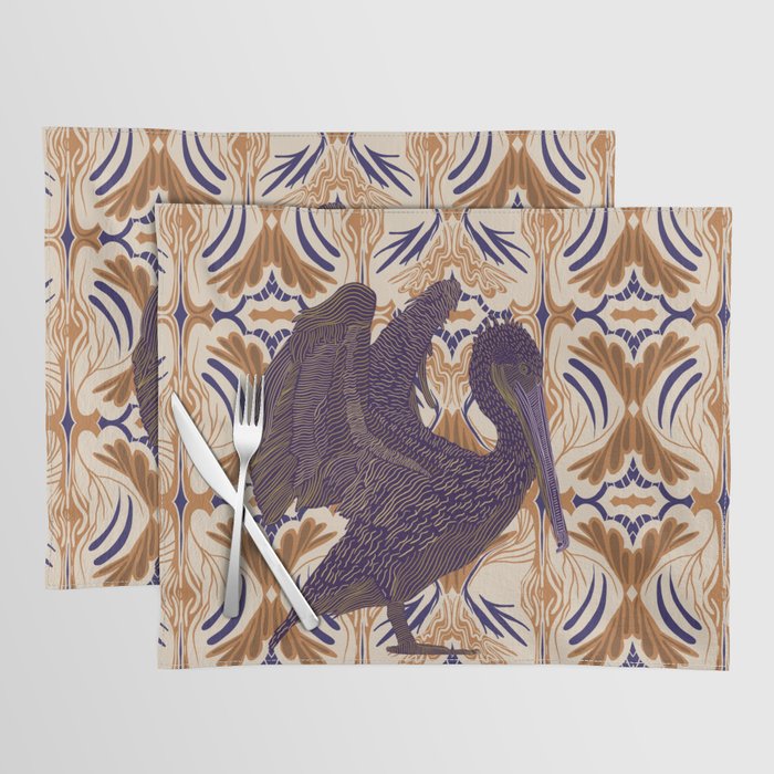 Open winged pelican bird on pattern background - purple Placemat