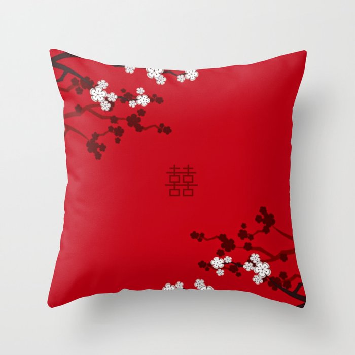 White Oriental Cherry Blossoms on Red and Chinese Wedding Double Happiness Throw Pillow