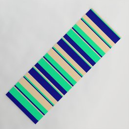[ Thumbnail: Tan, Dark Blue & Green Colored Stripes/Lines Pattern Yoga Mat ]