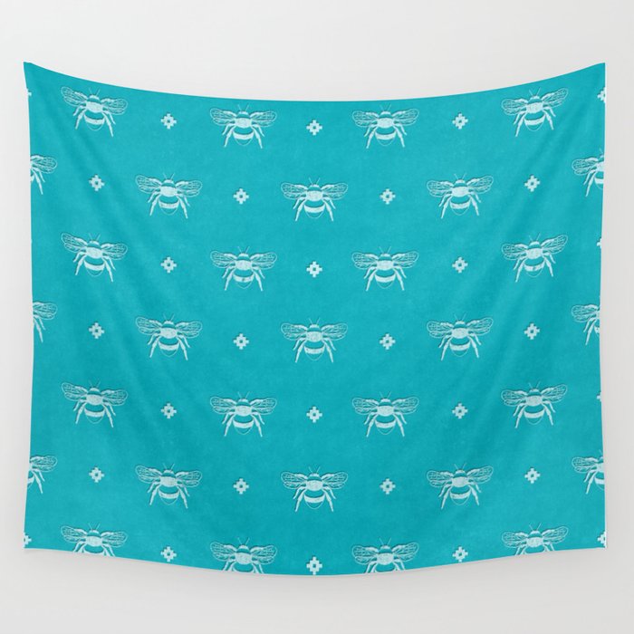 Bee Stamped Motif on Pool Blue Wall Tapestry