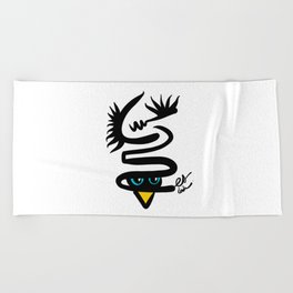 Abstract Snake Bird Minimal Style Line in Black and White and Color Beach Towel
