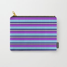 [ Thumbnail: Vibrant Dark Orchid, Sky Blue, Midnight Blue, White & Black Colored Pattern of Stripes Carry-All Pouch ]