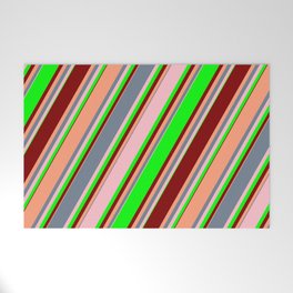 [ Thumbnail: Eye-catching Slate Gray, Pink, Lime, Maroon & Light Salmon Colored Striped Pattern Welcome Mat ]