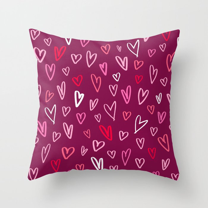 Valentine's pink love hearts doodle burgundy Throw Pillow