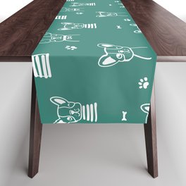 Green Blue and White Hand Drawn Dog Puppy Pattern Table Runner