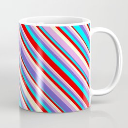 [ Thumbnail: Eyecatching Light Yellow, Plum, Slate Blue, Aqua & Red Colored Stripes/Lines Pattern Coffee Mug ]