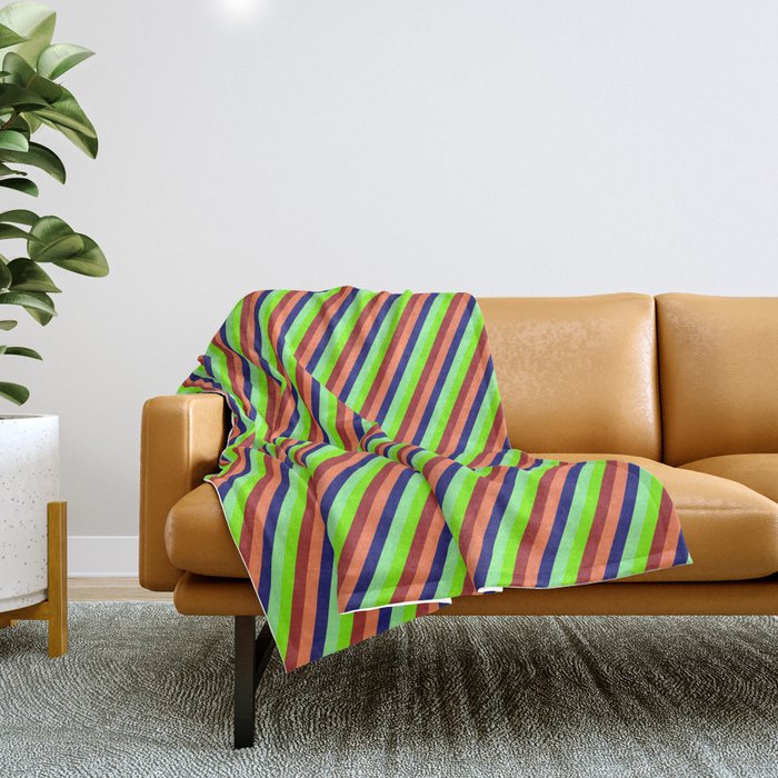Vibrant Green, Chartreuse, Brown, Coral, and Midnight Blue Colored Lines/Stripes Pattern Throw Blanket