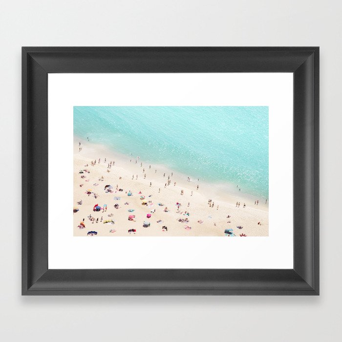 Aerial Beach Photography -  Pastel Ocean  - Colorful Beach Umbrellas - Sea Travel photography Framed Art Print