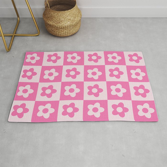 Hot Pink and White Retro Checkered Flower Pattern Rug