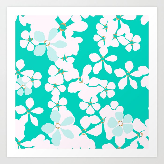 White and blue flowers with gold core on turquoise background Art Print ...
