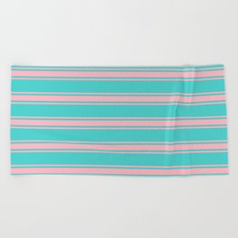 [ Thumbnail: Turquoise and Light Pink Colored Lines/Stripes Pattern Beach Towel ]