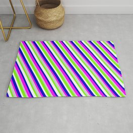 [ Thumbnail: Eyecatching Blue, Fuchsia, Light Gray, Green, and White Colored Lined Pattern Rug ]
