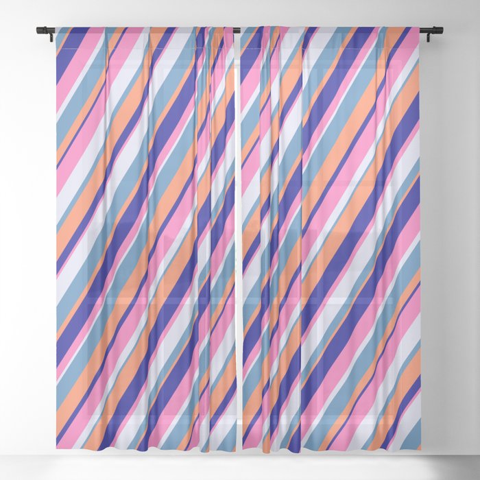 Colorful Lavender, Blue, Coral, Dark Blue, and Hot Pink Colored Lines/Stripes Pattern Sheer Curtain